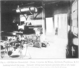 Fig. 6.&mdash;Old Kitchen Remodelled.
(Stone, Carpenter &&nbsp;Wilson, Architects, Providence, R.I.)
Looking toward the range. Servants' sitting-room beyond;
porcelain sink at left; boiler(*remainder cut off).