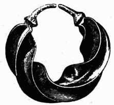 GOLD EAR-RING, TORQUE PATTERN, FROM THE COLLECTION OF THE
R.I.A., FOUND AT CASTLEREA, CO. ROSCOMMON.