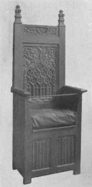 By courtesy of the Metropolitan Museum of Art

This Gothic chair of the 16th century shows the beautiful linen-fold
design in the carving on the lower panels, and also the keyhole which
made the chest safe when traveling