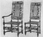 Fine reproductions of Jacobean chairs of the time of
 Charles II. The carved front rail balances the carving on the back
perfectly.