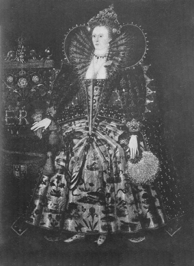 FROM A PORTRAIT OF QUEEN ELIZABETH In the possession of his Grace the Duke of Devonshire, K.G., Hardwick Hall. The queen has jewels in her hair, a pearl eardrop, and two necklaces, one fitting
closely to the neck, the other falling over the breast. The stiff
brocade skirt is embroidered with a wonderful array of aquatic birds
and animals. On the left, the cushion of the chair of state is
embroidered with the queen's monogram. Surmounting the chair is a
crystal ball. The original canvas measures 90x66 inches.