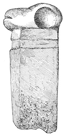 Ceremonial Hatchet with Mountain Sheep’s Head.
From Casas Grandes. Broken. Length, 12.16 cm.