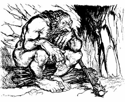 Seated on a huge block of timber near the entrance to a dark cave Seated on a huge block of timber near the entrance to a dark cave