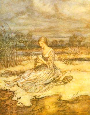 She sate down and plaited herself an overall of rushes
and a cap to match.