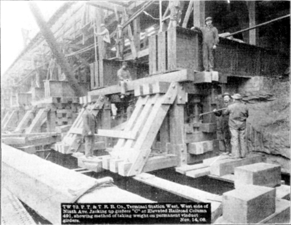 Plate XLVIII, Fig. 3.&mdash; TW 73, P.T. & T.R.R. Co. Terminal Station West. West side of Ninth Ave. Jacking up girders "C" at Elevated Railroad Column 491, showing method of taking weight on permanent viaduct girders. Nov. 14, 08.