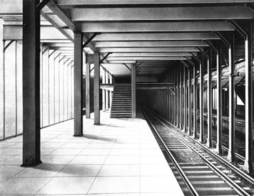 EXPRESS STATION AT 14TH STREET, SHOWING ISLAND AND
MEZZANINE PLATFORMS AND STAIRS CONNECTING THEM