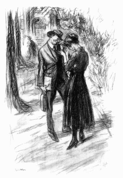 Her hands looked very white and small against his dark coat. He was gazing
down at them, his features distorted by a shockingly sentimental smile