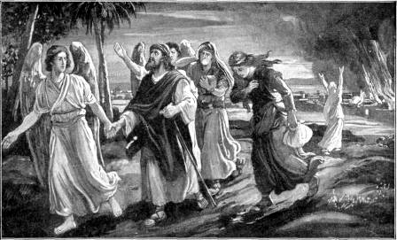 LOT FLEEING FROM
SODOM

"Even as Sodom and Gomorrah, and the cities about
them ... are set forth for an example, suffering the
vengeance of eternal fire." Jude 7.