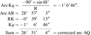 Arc&nbsp;Kq = (&minus;90&prime; &times; sin&nbsp;48&deg;)&nbsp;&frasl;&nbsp;R = &minus;1&deg;&nbsp;6&prime;&nbsp;46&Prime;.
Arc&nbsp;AR = 28&deg;&nbsp;57&prime;&nbsp;3&Prime;
RK = &minus;0&deg;&nbsp;39&prime;&nbsp;13&Prime;
Kq = &minus;1&deg;&nbsp;6&prime;&nbsp;46&Prime;
Sum = 26&deg;&nbsp;51&prime;&nbsp;4&Prime; = corrected arc&nbsp;AQ.
