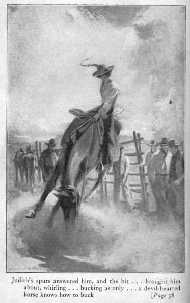 Judith's spurs answered him, and the bit . . . brought him about, whirling . . . bucking as only . . . a devil-hearted horse
knows how to buck.
