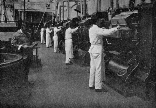 GRINDING CACAO NIB AND SUGAR.
(Messrs. Cadbury Bros., Bournville).