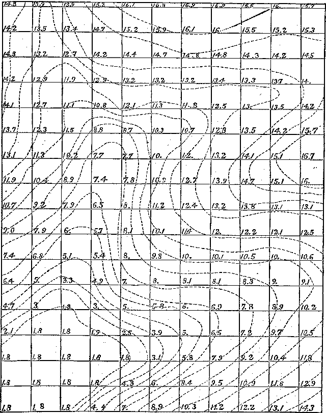 Fig. 5 - MAP WITH 50-FOOT SQUARES, AND CONTOUR LINES. Illustration: Fig. 5 - MAP WITH 50-FOOT SQUARES, AND CONTOUR LINES.