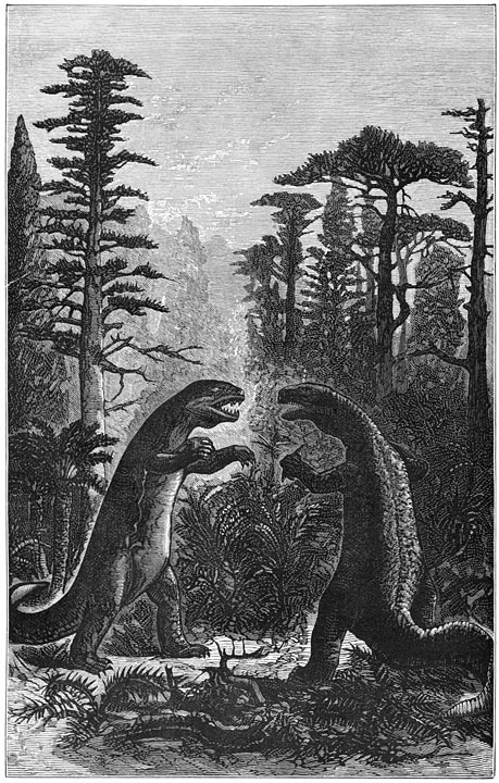 De vorsten der aarde in de Juraperiode. Iguanodon en megalosaurus in een bosch van varens, cycade&euml;n en naaldboomen.