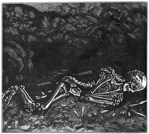 Fig. 327. De fossiele mensch, in 1872 in een hol te Mentone gevonden, thans aanwezig in het muse&uuml;m te Parijs.