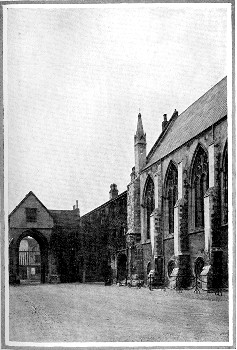THE ERPINGHAM GATE AND THE GRAMMAR SCHOOL, NORWICH

We pass through the Erpingham Gate direct to the Cathedral, the Grammar
School being on our left. Here it is on our right. Facing the school is
a statue of Lord Nelson, who was at school here about 1768-70. Borrow
was at school here 1816-18.