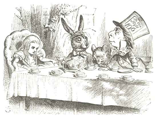 &ldquo;The Mad Tea-Party.&rdquo;  From &ldquo;Alice&rsquo;s
Adventures in Wonderland,&rdquo; 1865.  Drawn by John Tenniel;
engraved by Dalziel Brothers