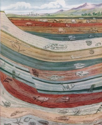 PICTORIAL REPRESENTATION OF THE SUCCESSIVE STRATA OF THE EARTH'S CRUST, WITH SUGGESTIONS OF CHARACTERISTIC FOSSILS