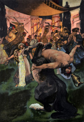 Men and centaurs fight one another, while a centaur in the foreground
falls backward, having been hit on the head by a thrown jug.
