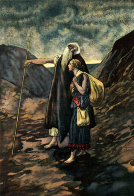 &OElig;dipus, leaning on a staff, is guided by his daughter, who
carries their belongings in a pouch slung over her back.