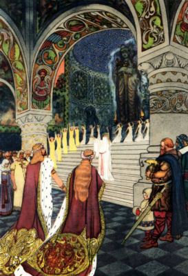 Frithiof and Ingeborg, dressed in sumptuous clothing, stand with other
people at the foot of the steps in the ornately decorated temple. Women dance
on the steps, and in the centre stands another person, arms raised, and
wearing robes.