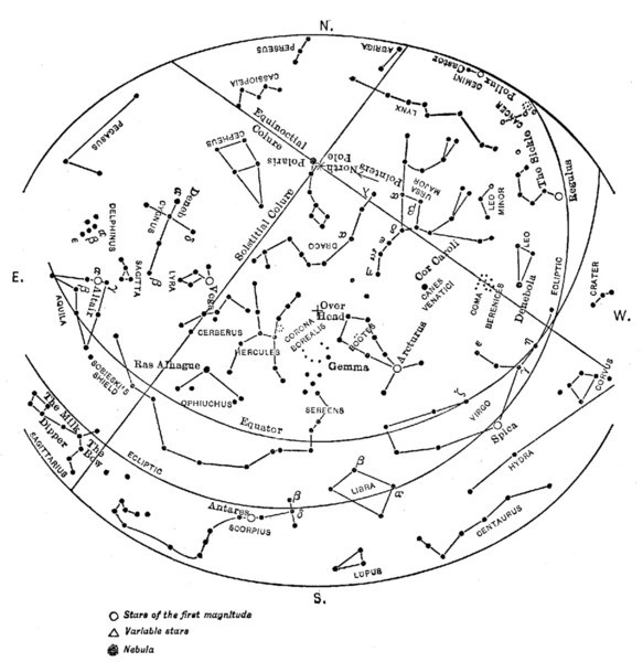 Maps showing the principal stars visible from Lat. 40&deg; N. at 9 o'clock, July first.