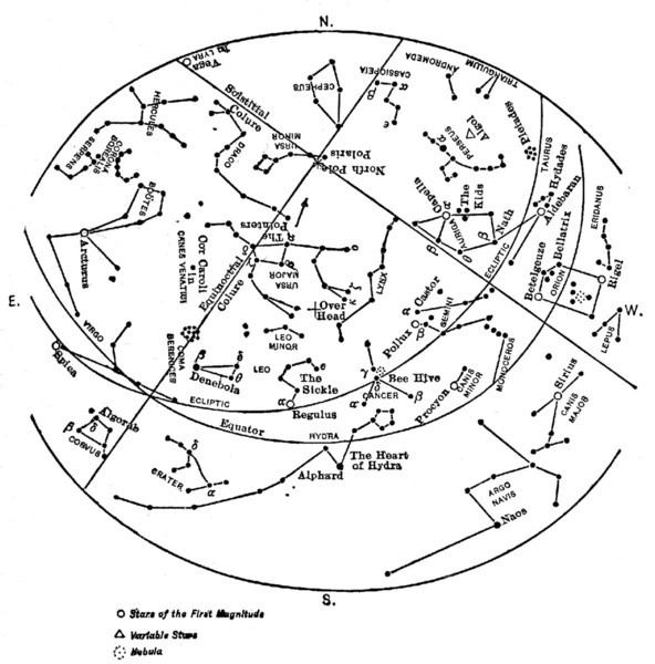 Map showing the principal stars visible from Lat. 40&deg; N. at 9 o'clock April 1st.