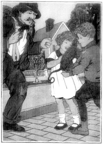 JACK MADE ONE LEAP AND LANDED SAFELY IN TEDDY'S ARMS.
"The Curlytops and Their Pets"              Page 174