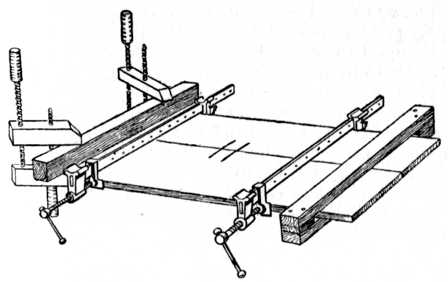 Fig. 27.&mdash;Cramping Glued Joints:  Handscrews and
Batten shown at left; temporary Batten at right to
keep the wood flat.