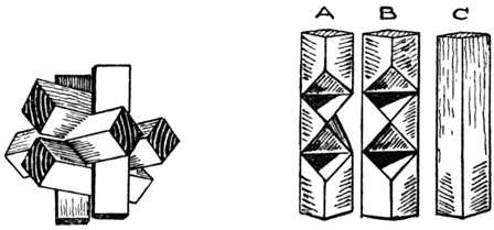 Fig. 395.&mdash;Diagonal Chinese Cross Puzzle. (Two Pieces
required of A, Three of B and One of C.)
