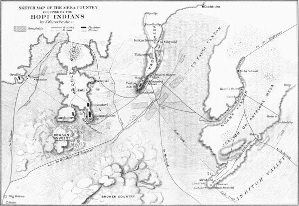 PL. CV&mdash;
SKETCH MAP OF THE MESA COUNTRY
OCCUPIED BY THE HOPI INDIANS