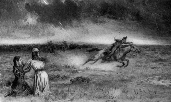 "JUST THEN ANOTHER FLASH CAME AND SHOWED A COW-BOY
LEANING FAR OVER THE NECK OF HIS PONY, RIDING FOR HIS LIFE."