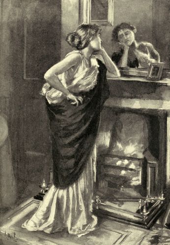 SHE WAS STANDING BEFORE THE LOW CHIMNEY-GLASS, REGARDING
HERSELF INTENTLY.