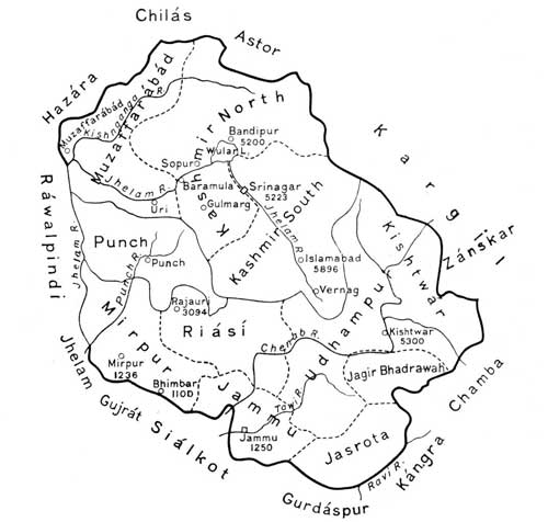 Fig. 139. Sketch Map of Chen&aacute;b and Jhelam Valleys (Jammu
and Kashm&iacute;r).