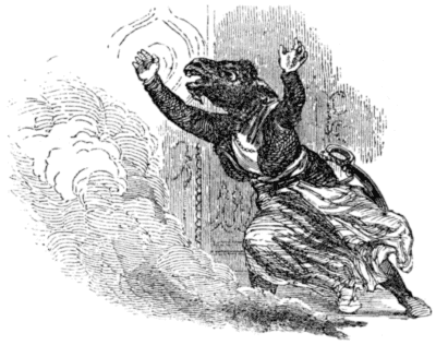 A man, with a long nose and ears (almost resembling a donkey), is running, arms
raised above his head