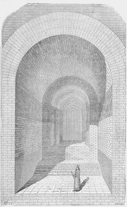 21.&mdash;INTERIOR VIEW OF ONE OF THE CHAMBERS OF THE HAREM AT
KHORSABAD. (RESTORED.) (Perrot and Chipiez.)