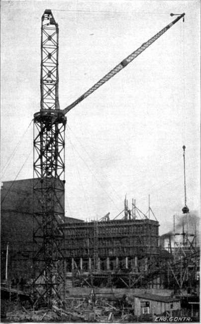 Fig. 221.&mdash;Derrick for Handling Concrete for Large
Warehouse Building.