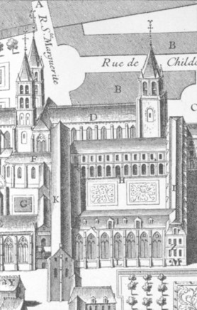 Fig. 37. Part of the Abbey of S. Germain des Pr&egrave;s, Paris. From a print in Histoire de l'Abbaye Royale de Saint Germain des Prez, par Dom Jacques Bouillart, fol. Paris, 1724, lettered "l'Abbaye ... telle qu'elle est pr&eacute;sentement."