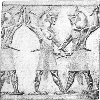 Fig. 6.&mdash;Demons; from the palace of Assurbanipal at
Kouyundjik. British Museum. Drawn by Saint-Elme Gautier.