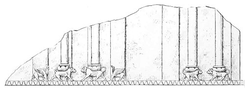 Fig. 86.&mdash;Fa&ccedil;ade of an Assyrian building; from a bas-relief
in the British Museum. Height 10 inches.