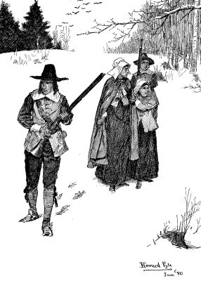 EARLY SETTLERS GOING TO MEETING.&mdash;Drawn by Howard Pyle.