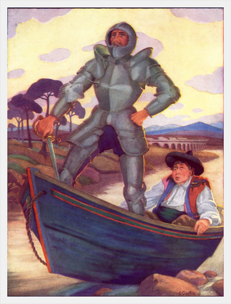 "DON QUIXOTE INSISTED THAT THE BOAT HAD BEEN SENT BY MAGIC TO
FETCH HIM TO SOME GREAT KNIGHT."&mdash;Page 222