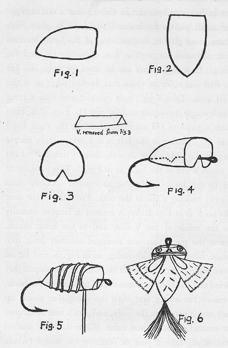 Page sized diagram showing drawings of cork bodied bass bug
construction.