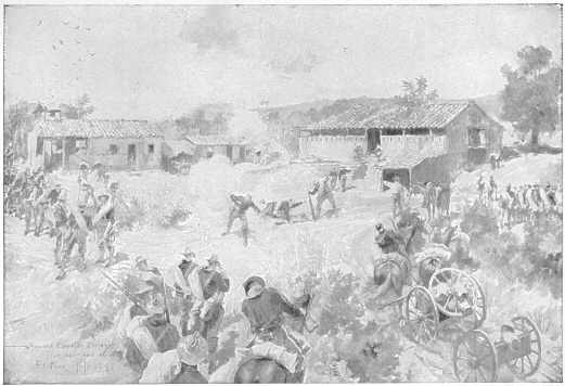 Grime&rsquo;s battery at El Poso.  The third Spanish shell fell
in among the Cubans in the block-house and among the Rough Riders