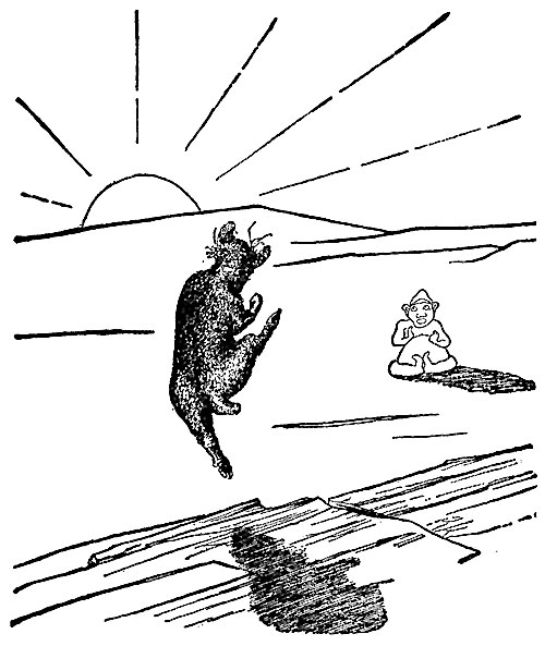 This is a picture of Old Man Kangaroo when he was the
Different Animal with four short legs. I have drawn him gray and
woolly, and you can see that he is very proud because he has a wreath
of flowers in his hair. He is dancing on an outcrop (that means a
ledge of rock) in the middle of Australia at six o'clock before
breakfast. You can see that it is six o'clock, because the sun is just
getting up. The thing with the ears and the open mouth is Little God
Nqa. Nqa is very much surprised, because he has never seen a Kangaroo
dance like that before. Little God Nqa is just saying, "Go away," but
the Kangaroo is so busy dancing that he has not heard him yet.

The Kangaroo has n't any real name except Boomer. He lost it because
he was so proud.