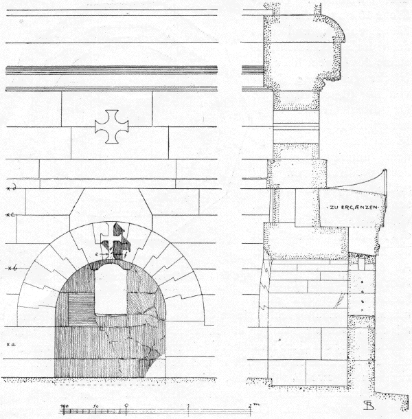 Bild 25. Die Nische in der Ostwand des Obergeschosses, Innenansicht und Schnitt. In den Höhen a, b, c, d und bei e und f eiserne Haften. Bild 25. Die Nische in der Ostwand des Obergeschosses, Innenansicht und Schnitt.