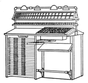 Fig. 24. “Adman” Cabinet has equipment for two
compositors, supply of leads and slugs and assortment of materials such
as brass and copper thin spaces and quads.