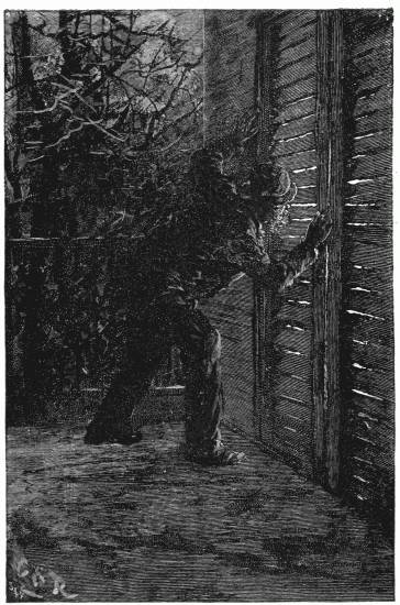 "HE REACHED THE WINDOW, AND PEEPED THROUGH A CRACK IN THE
OLD BLIND."