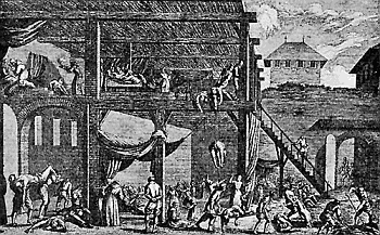 111. A contemporaneous engraving of the pest hospital in Vienna in 1679.
After Peters.