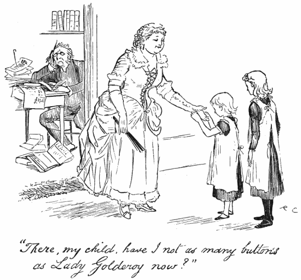 A woman shows her daughters her fine buttons. Her husband sits at his desk, which is covered with piles of papers. He looks exasperated. The caption says: &ldquo;There my child, have I not as many buttons as Lady Golderoy now?&rdquo;
