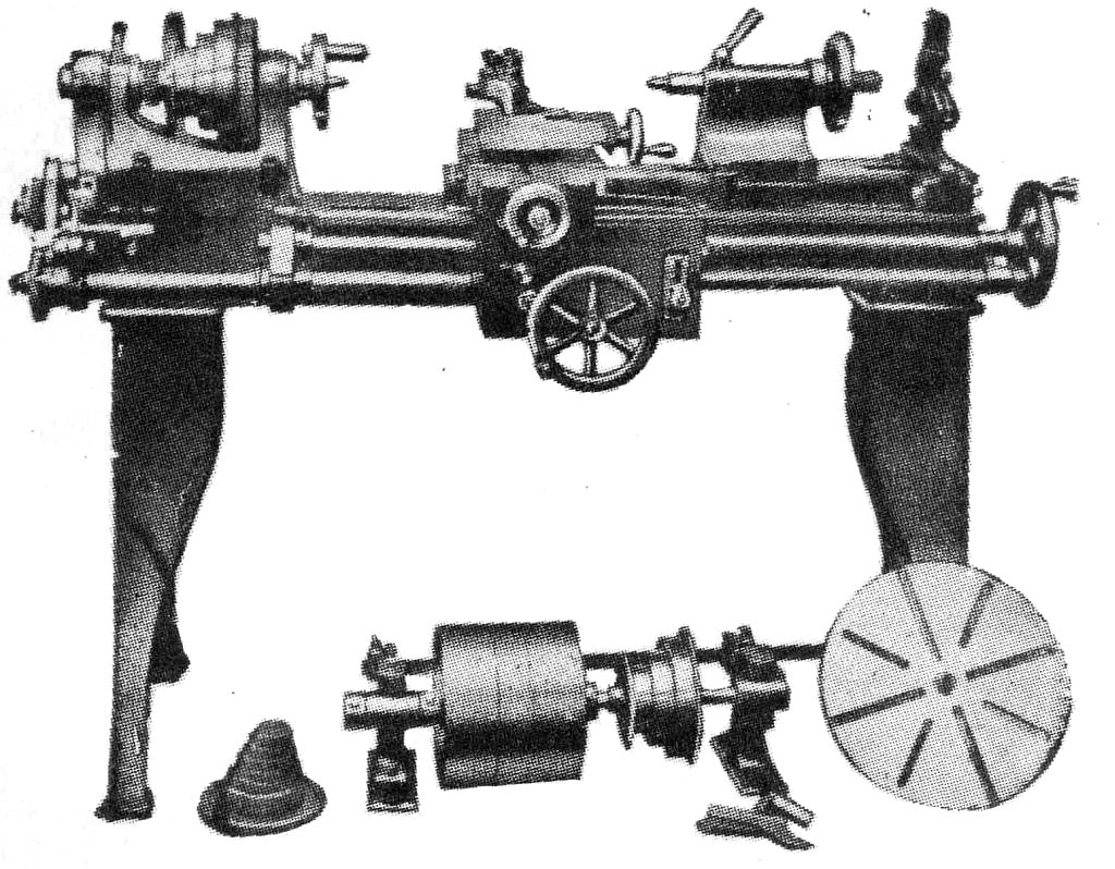 5 in. Centre Screw Cutting, Surfacing and
Boring Lathe here shewn, with counter shaft for power.
With counter shaft or treadle drive.      Price &pound;44.